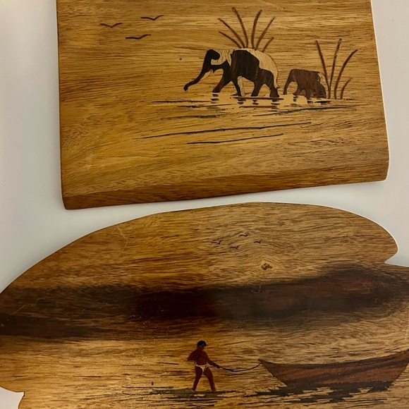 Vintage Hand-Carved Wood Inlay Wall Plaques 
Mid-Century Decor Set of 2 - Picture 4 of 10